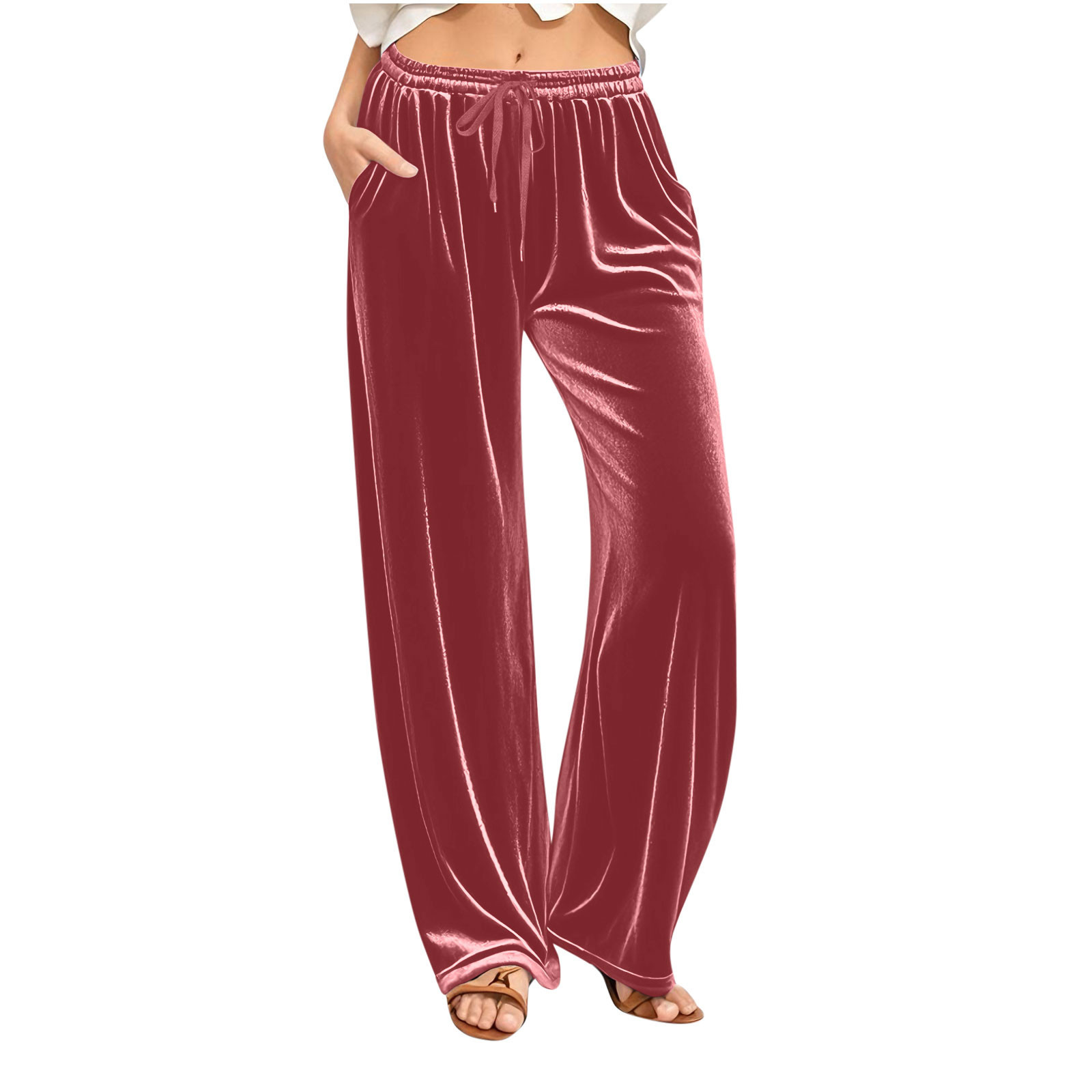 Womens Velvet Wide Leg Pants Elastic Waist Loose Fit Lounge Trousers